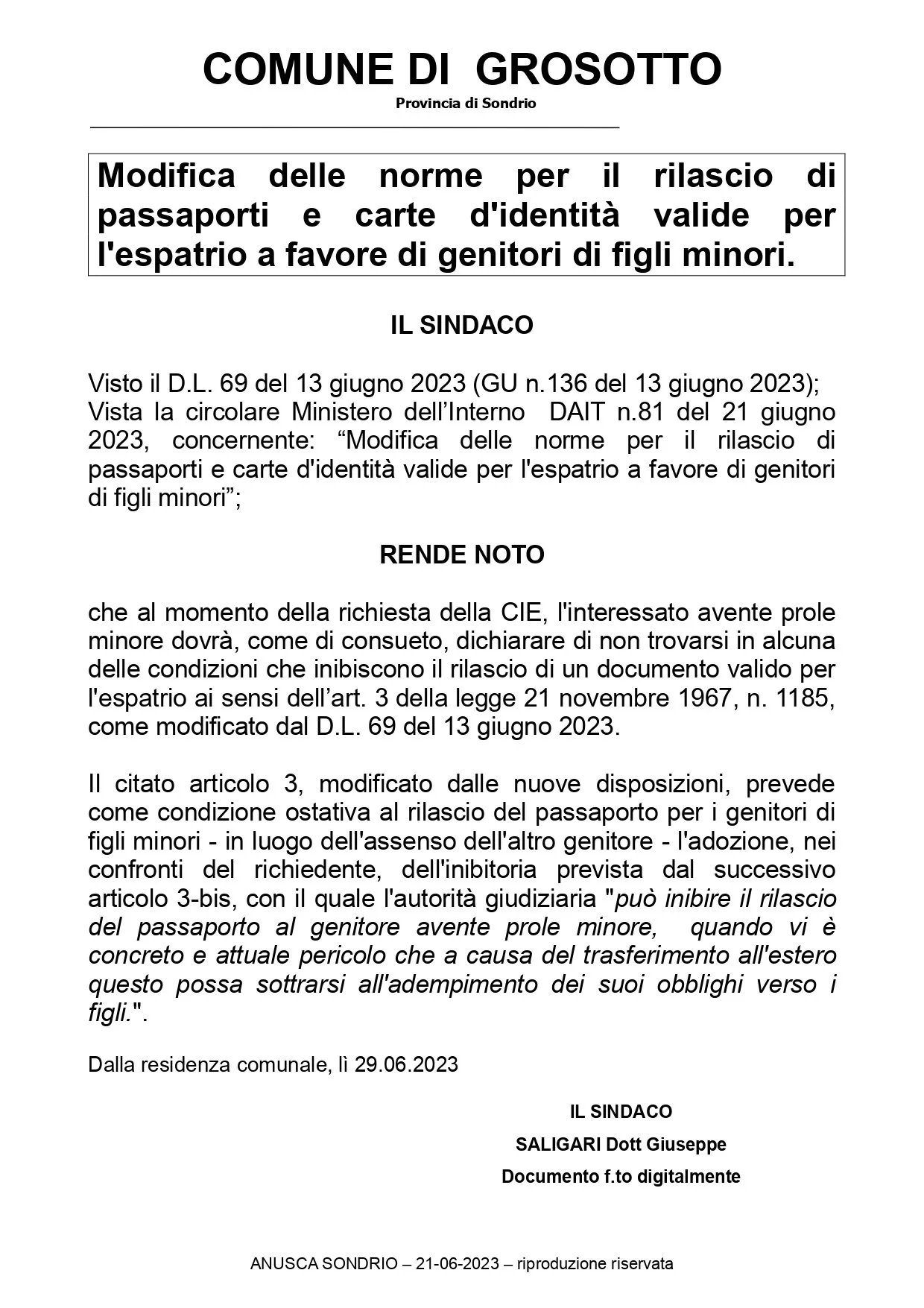 Comunicazione del comune di Grosotto modifiche delle norme per il rilascio di passaporti e carte d'identità valide per l'espatrio a favore di genitori di figli minori.